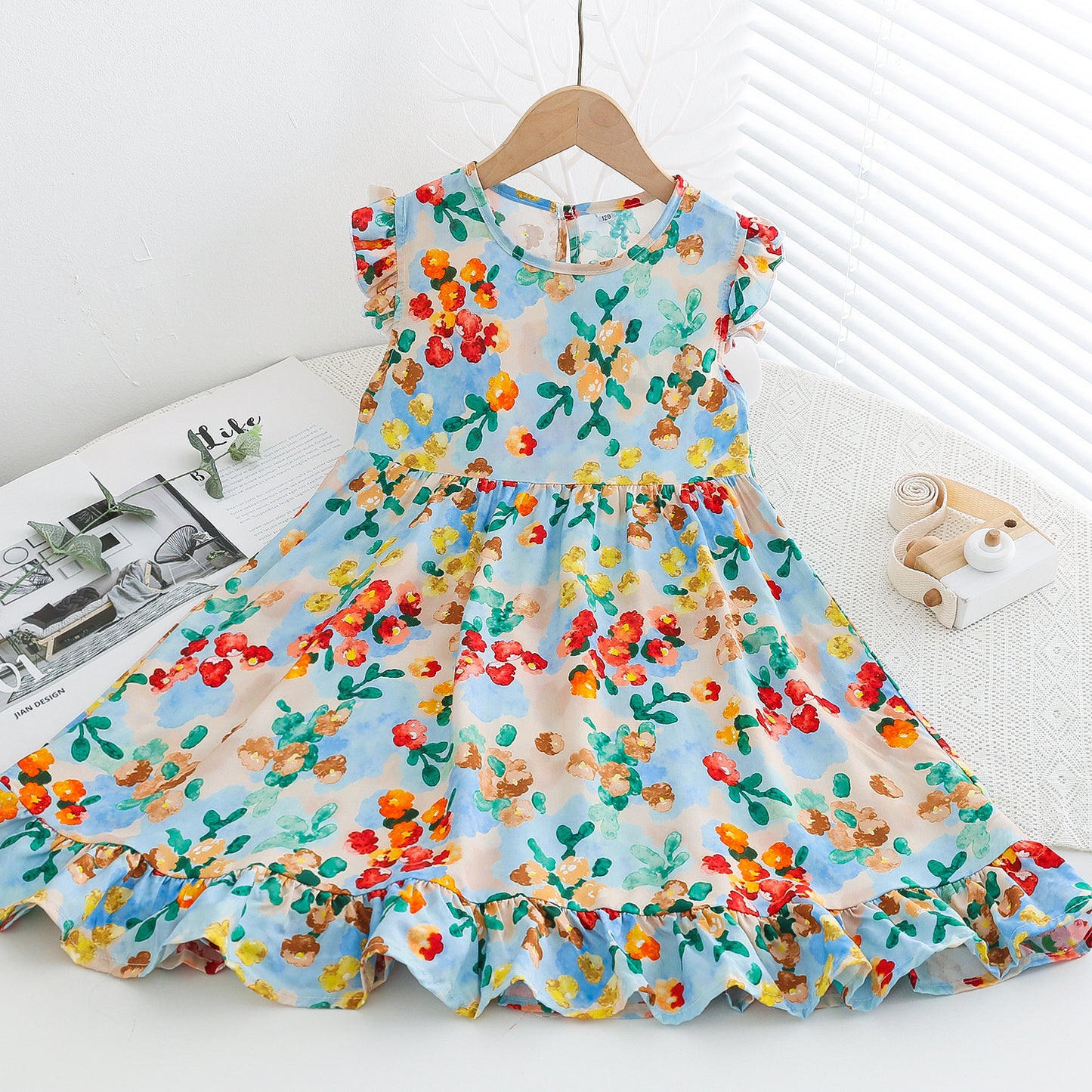 Sweet Little Flounced Sleeve Cotton Silk Summer Thin Cool Rayon Children's Dress