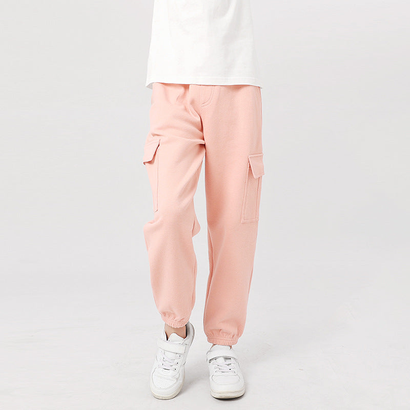 Korean Style Boys Medium Big Solid Color Sports Overalls Female Children's Pants
