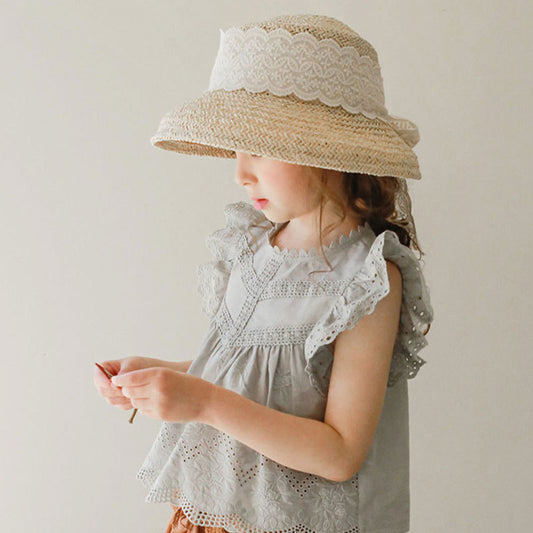 Children's Summer Strawberry Shan Clothing Hollow Edge Flounced Sleeve Children's T-shirt