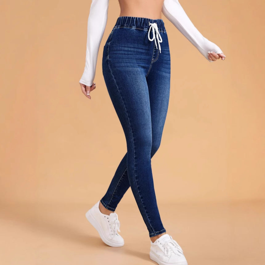 Women's Fashionable Tight Elastic Waist Drawstring Denim Women's Jeans