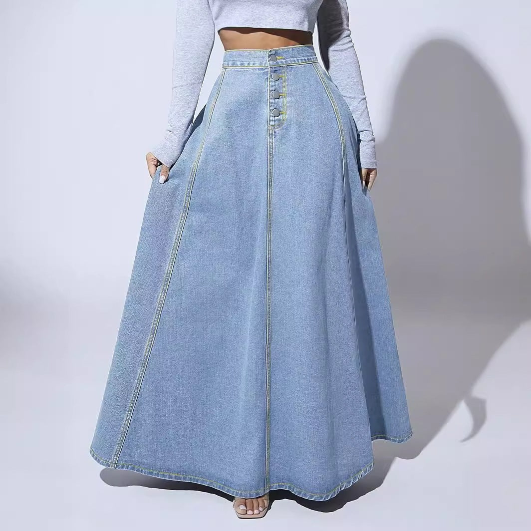 Versatile Women's Denim Design Single-breasted Line Skirt