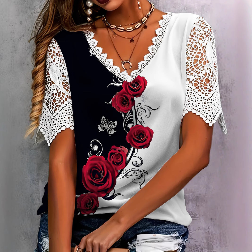Women's Lace Stitching Fashion Printing Sleeve Female Tops