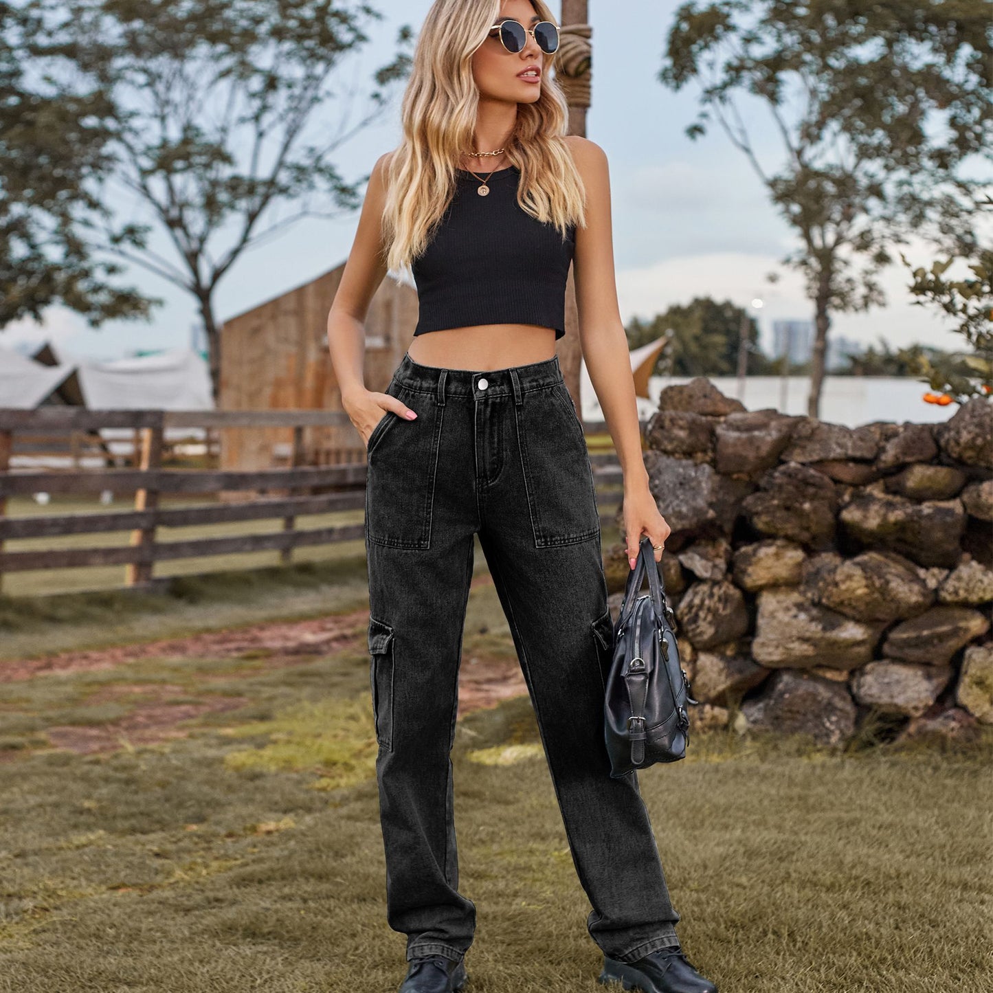 Women's American Retro Washed Design Personality Denim Cargo Women's Jeans