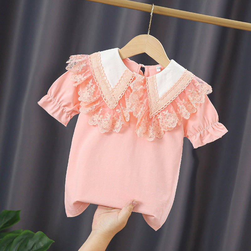 Short-sleeved Summer Thin Western Style Cotton Col Claudine Top Children's T-shirt