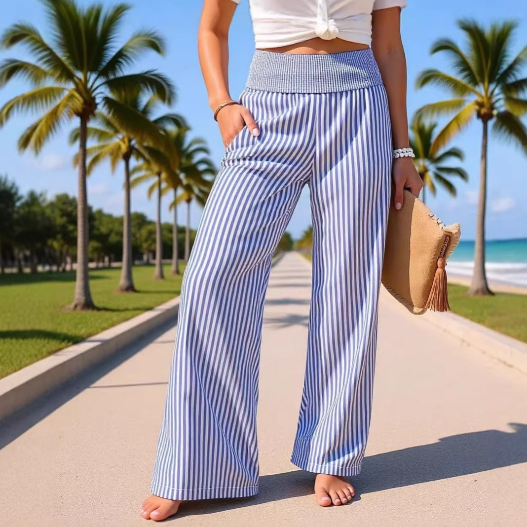 Women's Striped Smocking Trousers Fashion Loose Casual Pants