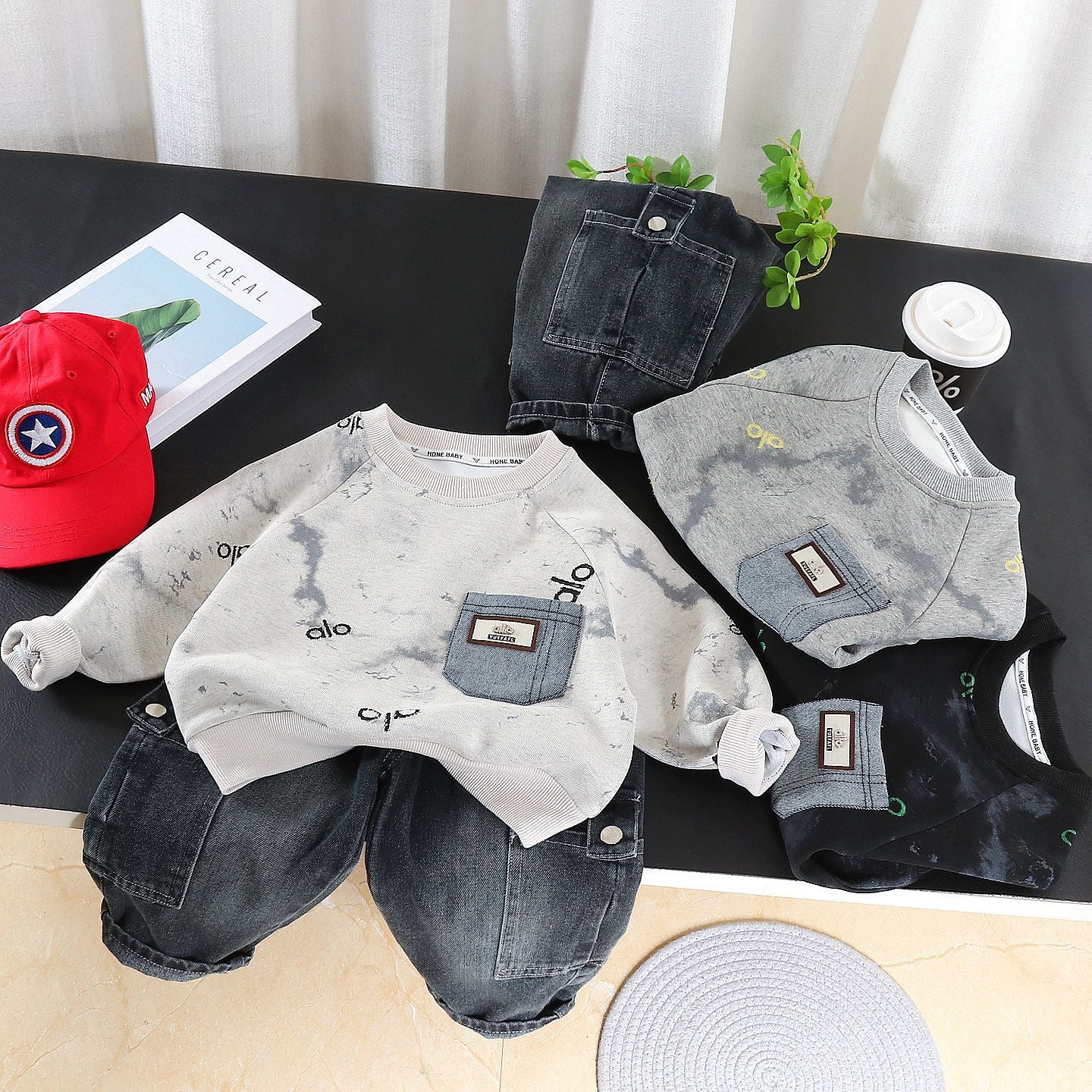 Spring Round Neck Letter Sweater Two-piece Set Handsome Clothes Casual Children's Suit
