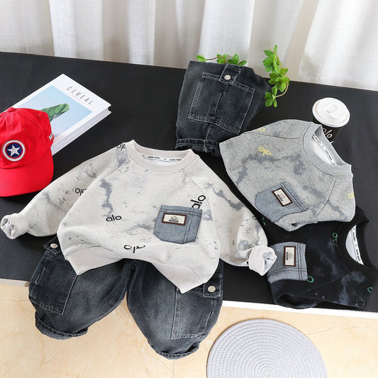 Spring Round Neck Letter Sweater Two-piece Set Handsome Clothes Casual Children's Suit