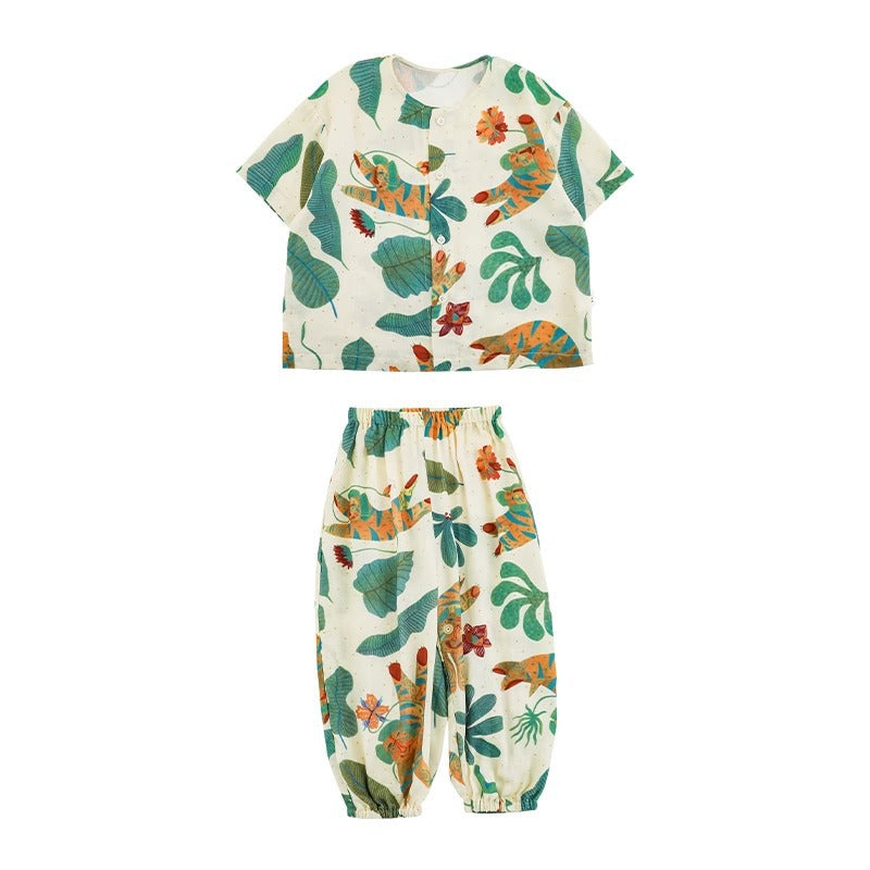 Children's Boy's Summer Thin Short-sleeved Cartoon Loose Soft Pajamas Children's Suit