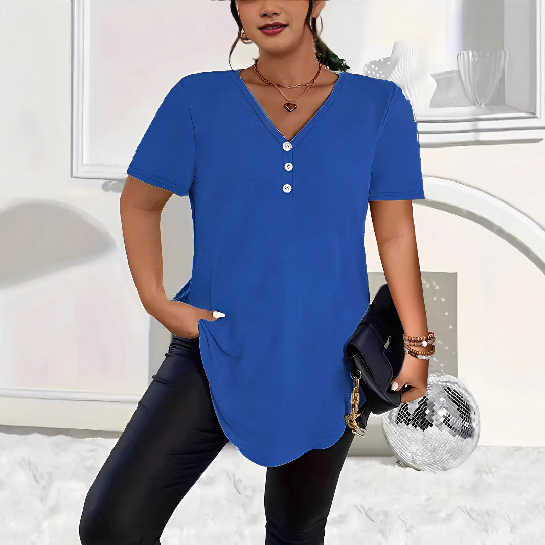 Women's Spring Fashion Solid Color Button Sleeve Women's T-shirt