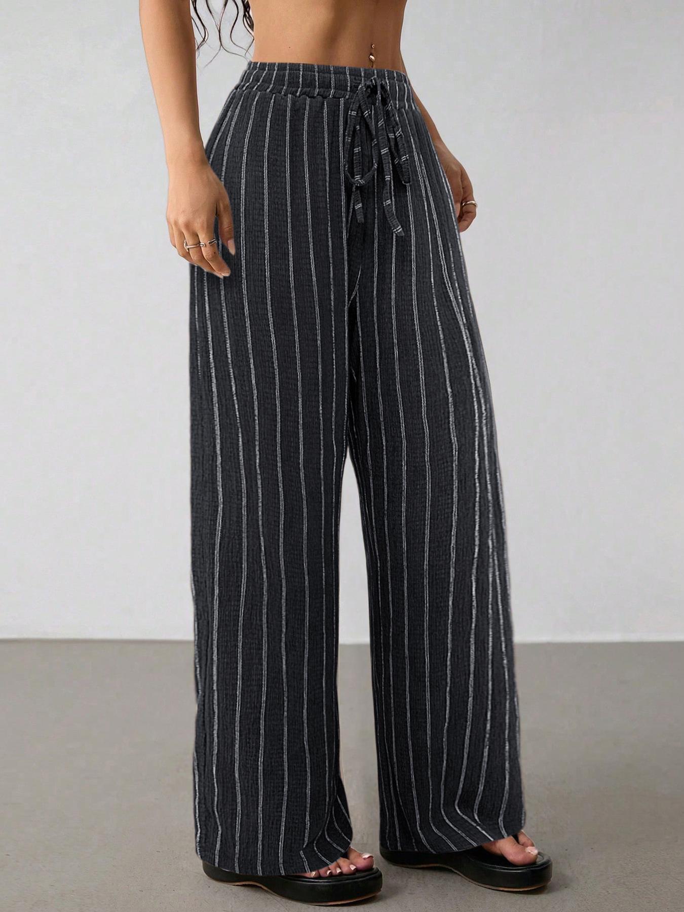 Women's Loose Striped Drawstring Elastic Waist Contrast Color Wide Leg Casual Pants