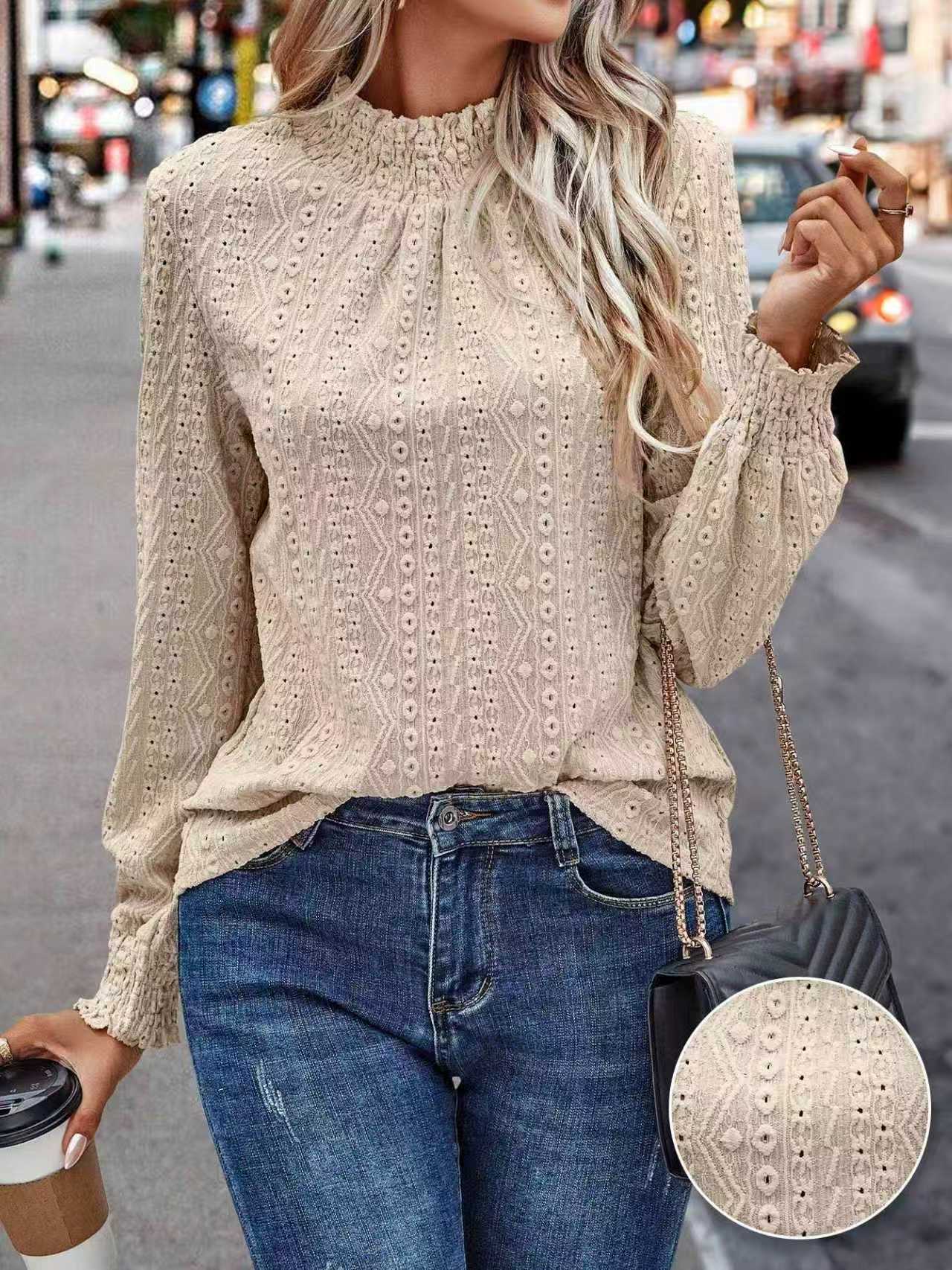 Women's Autumn Solid Color Fashion Hollow Stand Collar Puff Women's T-shirt