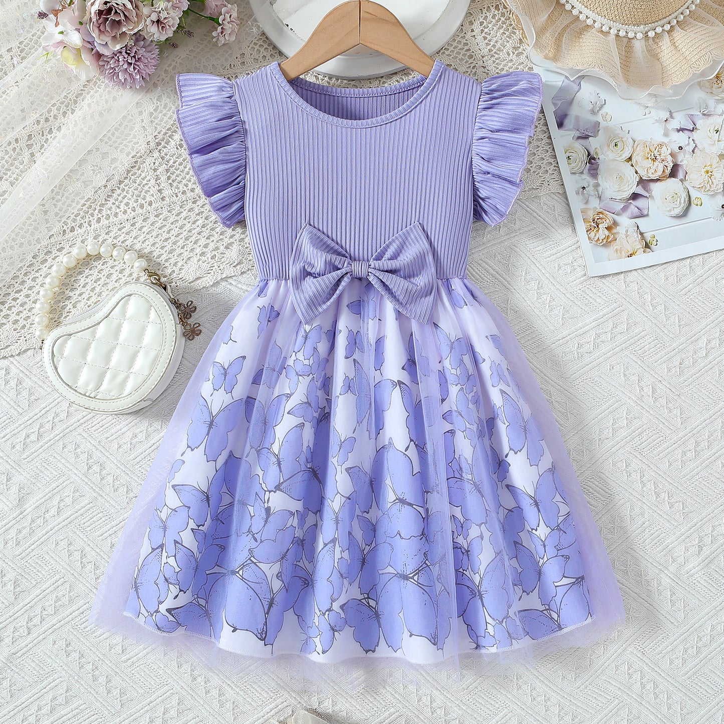 Flounced Sleeve Fake Two-piece Bow Print Stitching Children's Dress