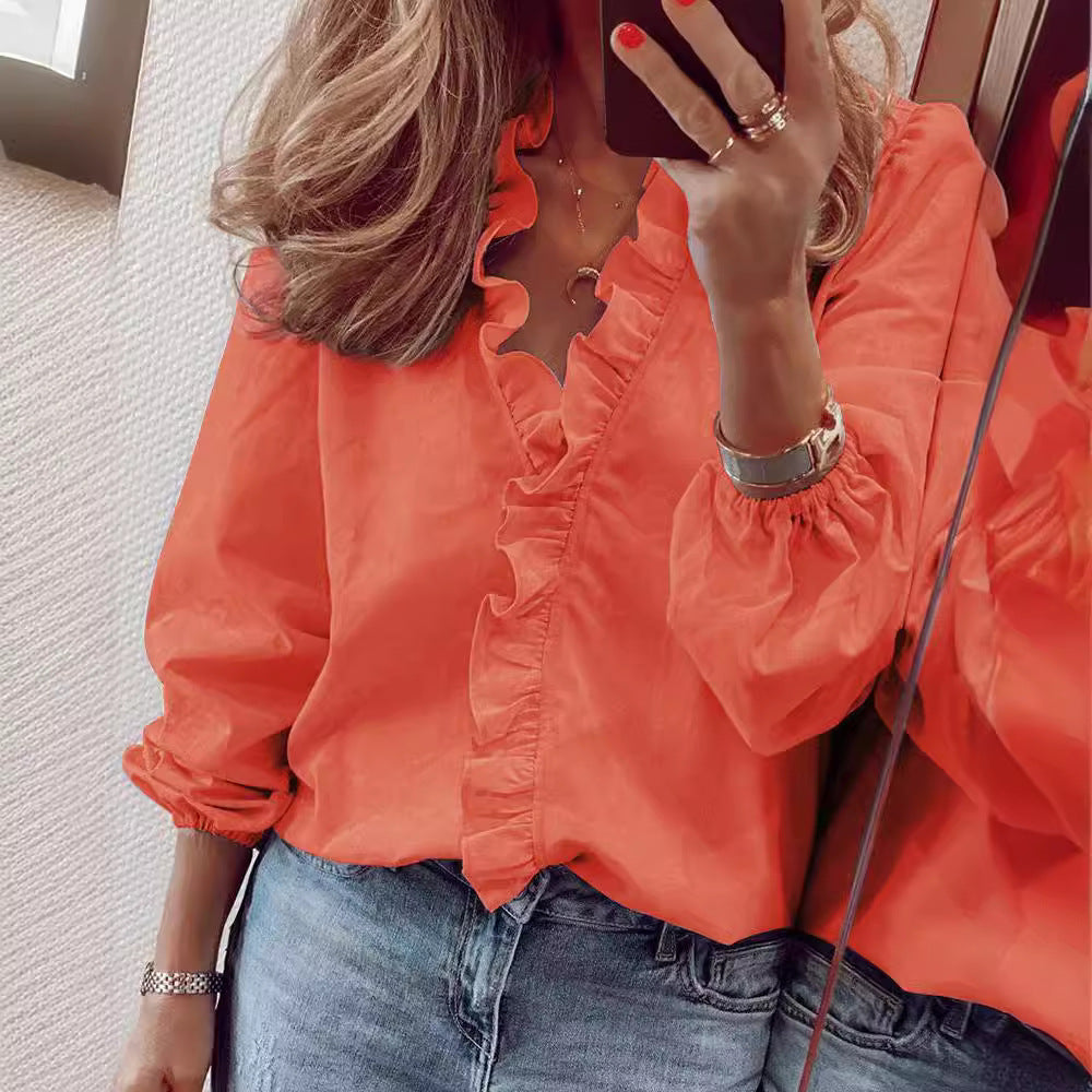 Trendy Casual Women's Long Sleeve Ruffle Blouse