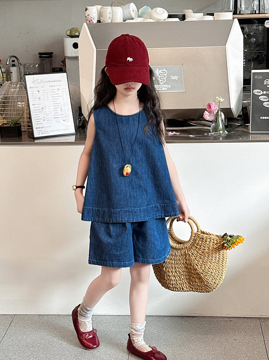 Children's Sleeveless Style Denim Shirt Shorts Two-piece Children's Suit