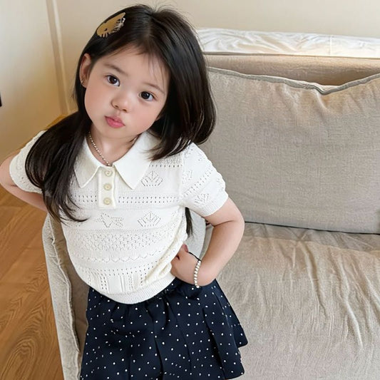 Children's Summer Ice Silk Short Sleeve Knitted Hollow Old Money Children's T-shirt