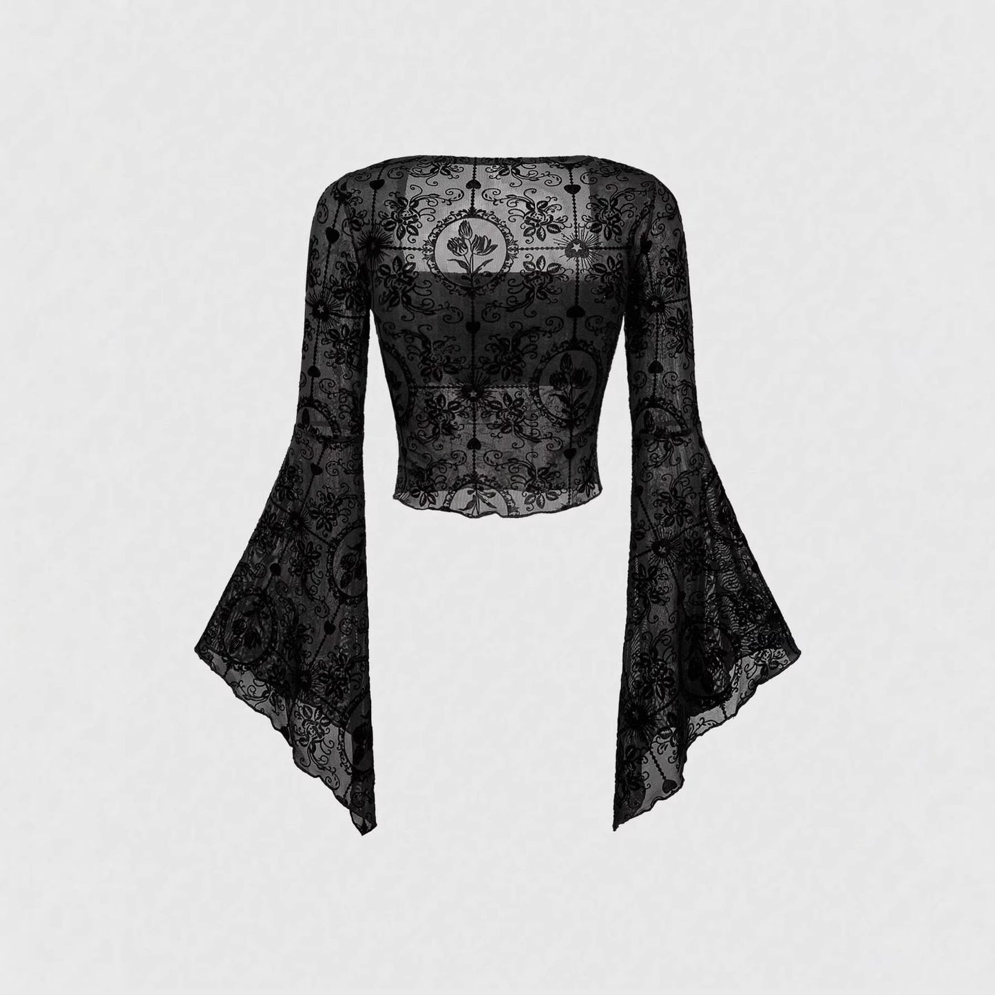 Sexy Mesh Long Sleeve Flared Sleeves Lace Shirt, Chiffon Shirt