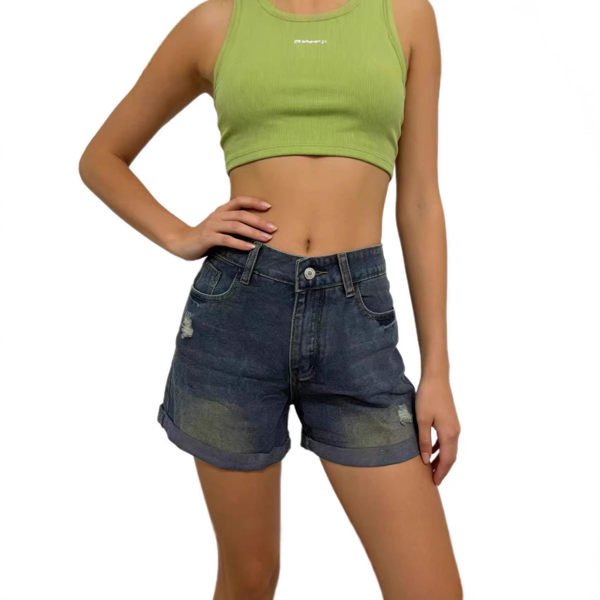 Women's High Waist Retro Worn-out Flanging Distressed Denim Summer Sexy Pants