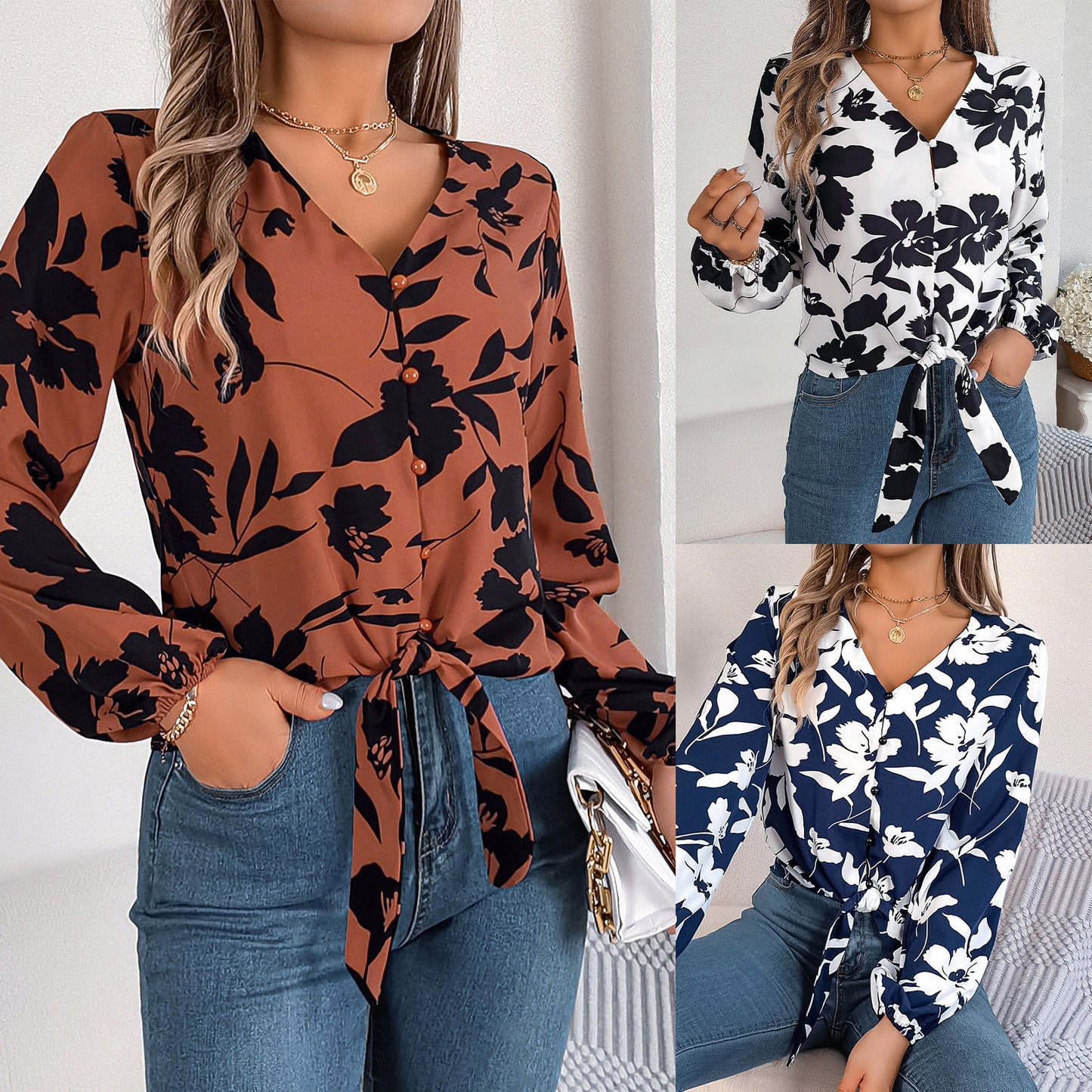 Women's Casual Contrast Color Flower Lantern Sleeve Lace Shirt, Chiffon Shirt