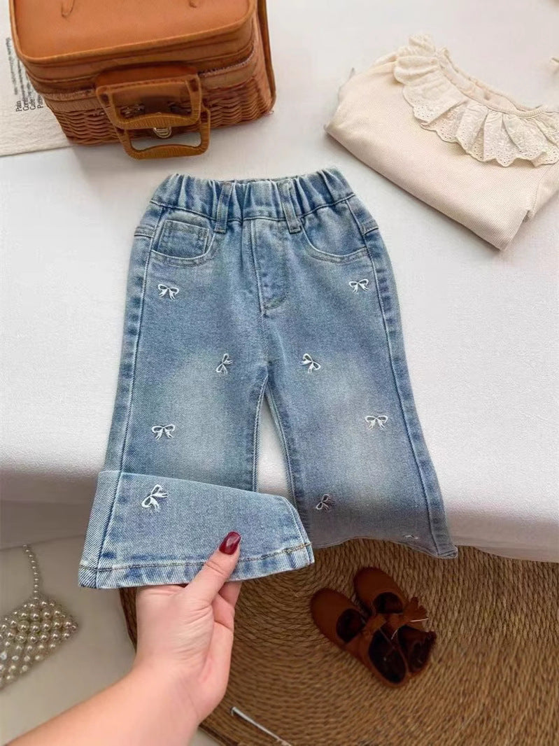 Western Style Exquisite Embroidered Bow Bell-bottom Children's Pants