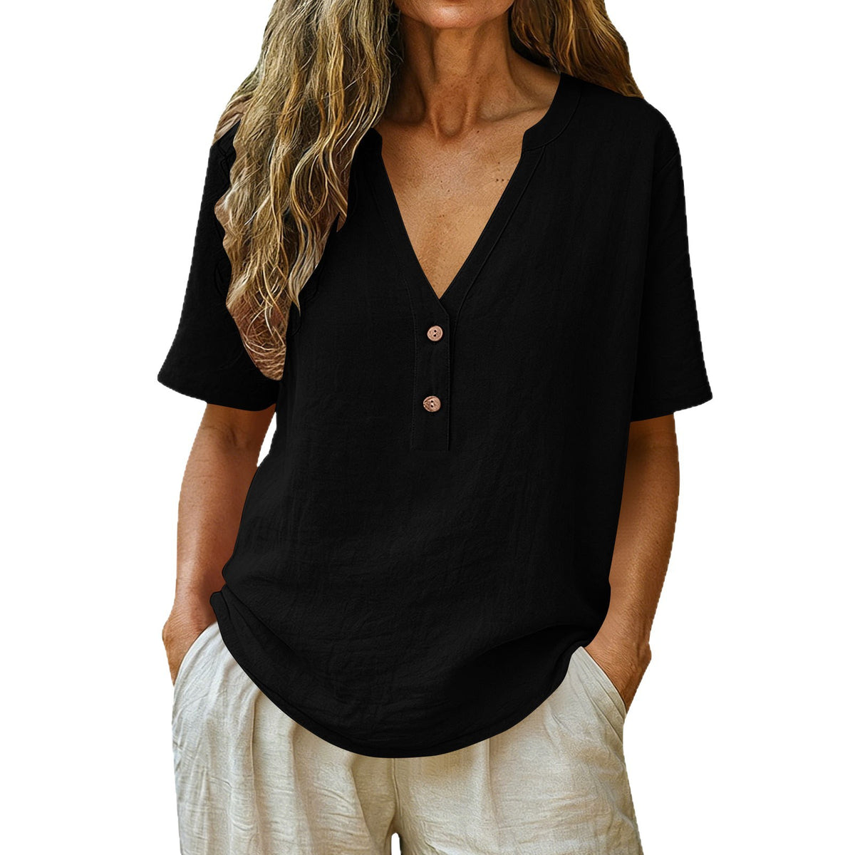 Women's Solid Color Button Fashion Sleeve Women's T-shirt