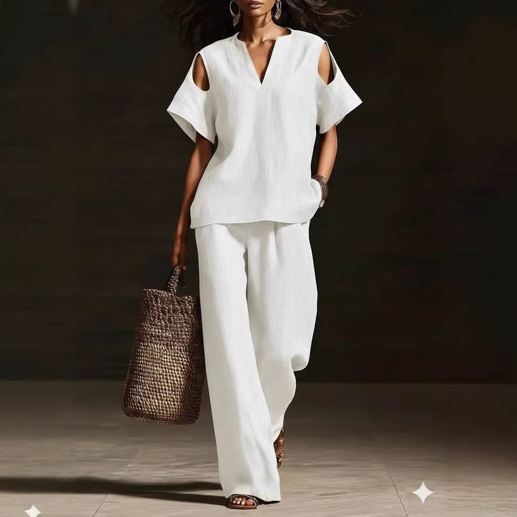 Women's Cotton Linen Solid Color Hole Fashion Casual Suit