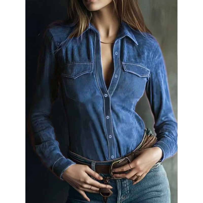 Women's Fashion Long Sleeve Deerskin Veet Shirt Blouse