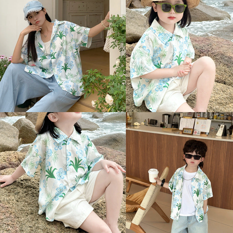 Children's Sleeve Shirt Suit Summer Flower Print Loose Design Niche Medium Parent-child Outfit