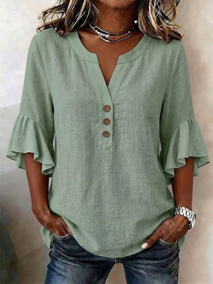 Women's Cotton Linen French Style Gentle Bell Sleeve Loose Casual Shirt Blouse