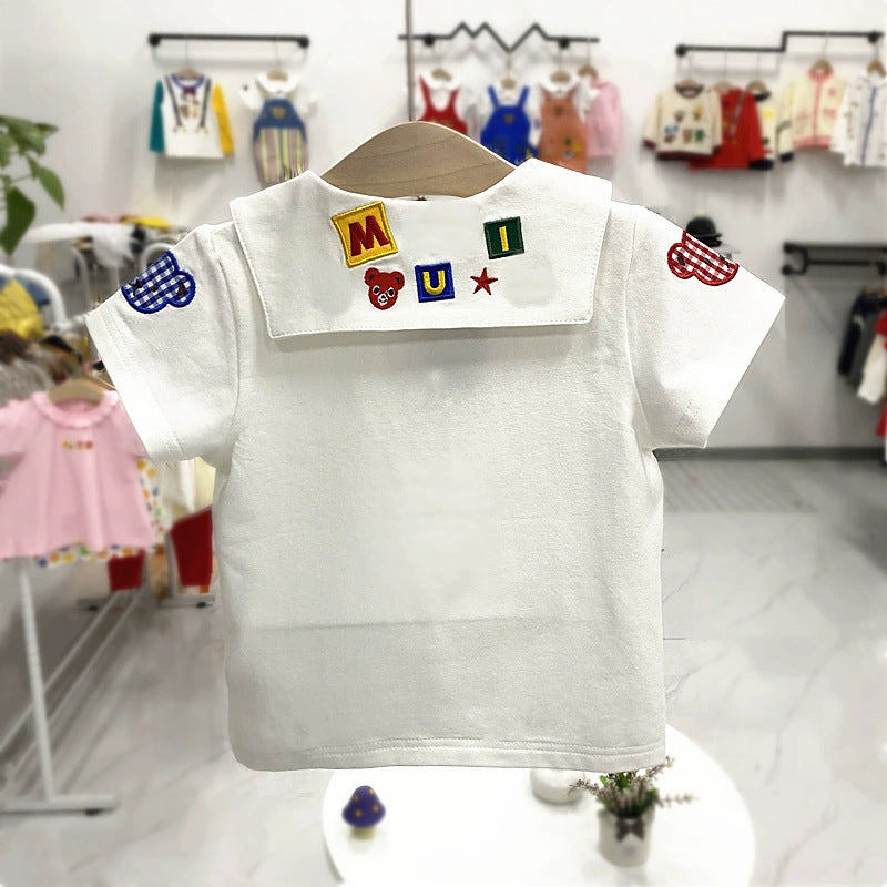 Children's Color Embroidery Peter Pan Collar College Style Children's T-shirt