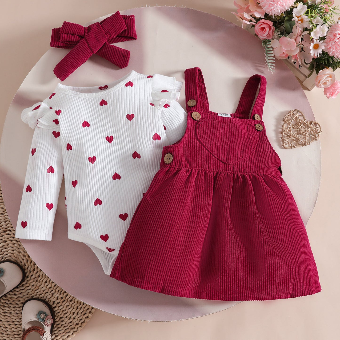 Set Long Sleeve Love Triangle Rompers Corduroy Suspender Skirt Children's Suit