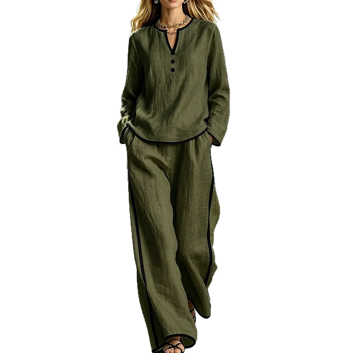 Women's Color Contrast Long Sleeve Two-piece Fashion Casual Suit