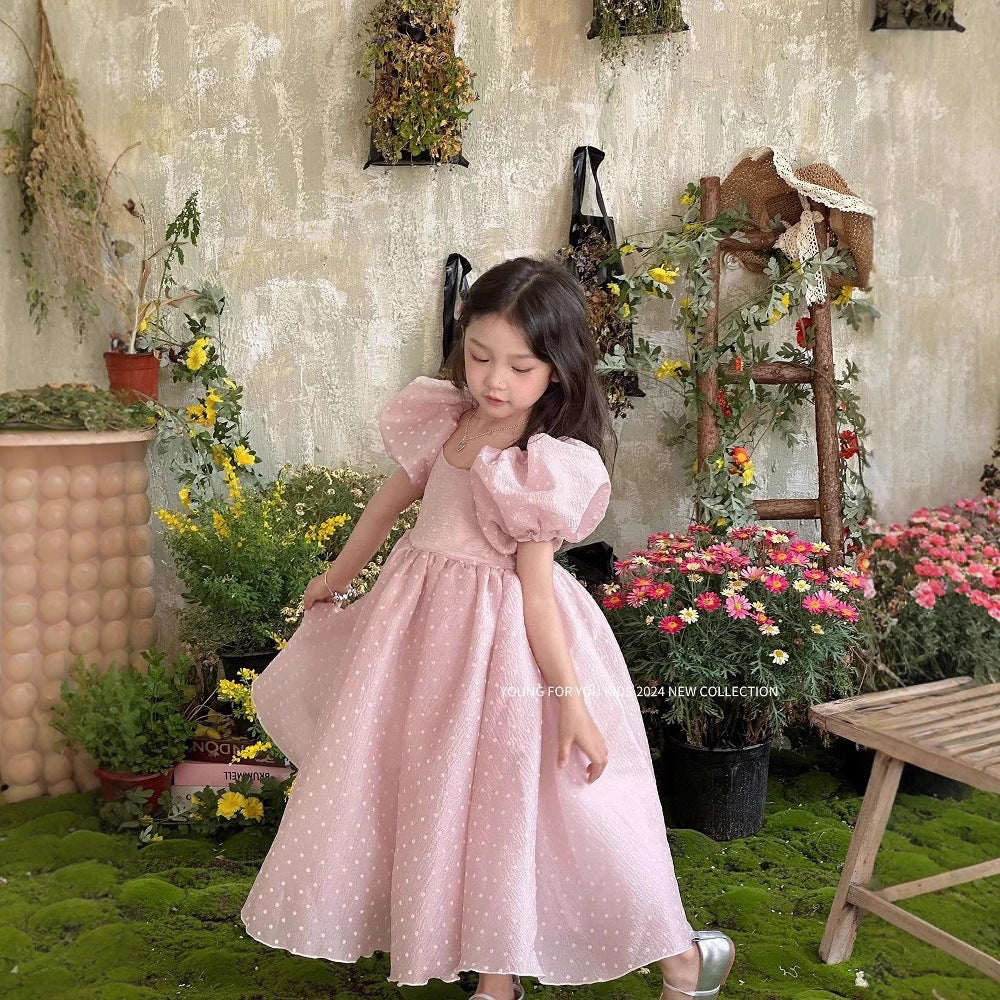 Summer Polka Dot Pearl Yarn Princess Puff Sleeve Swing Children's Dress