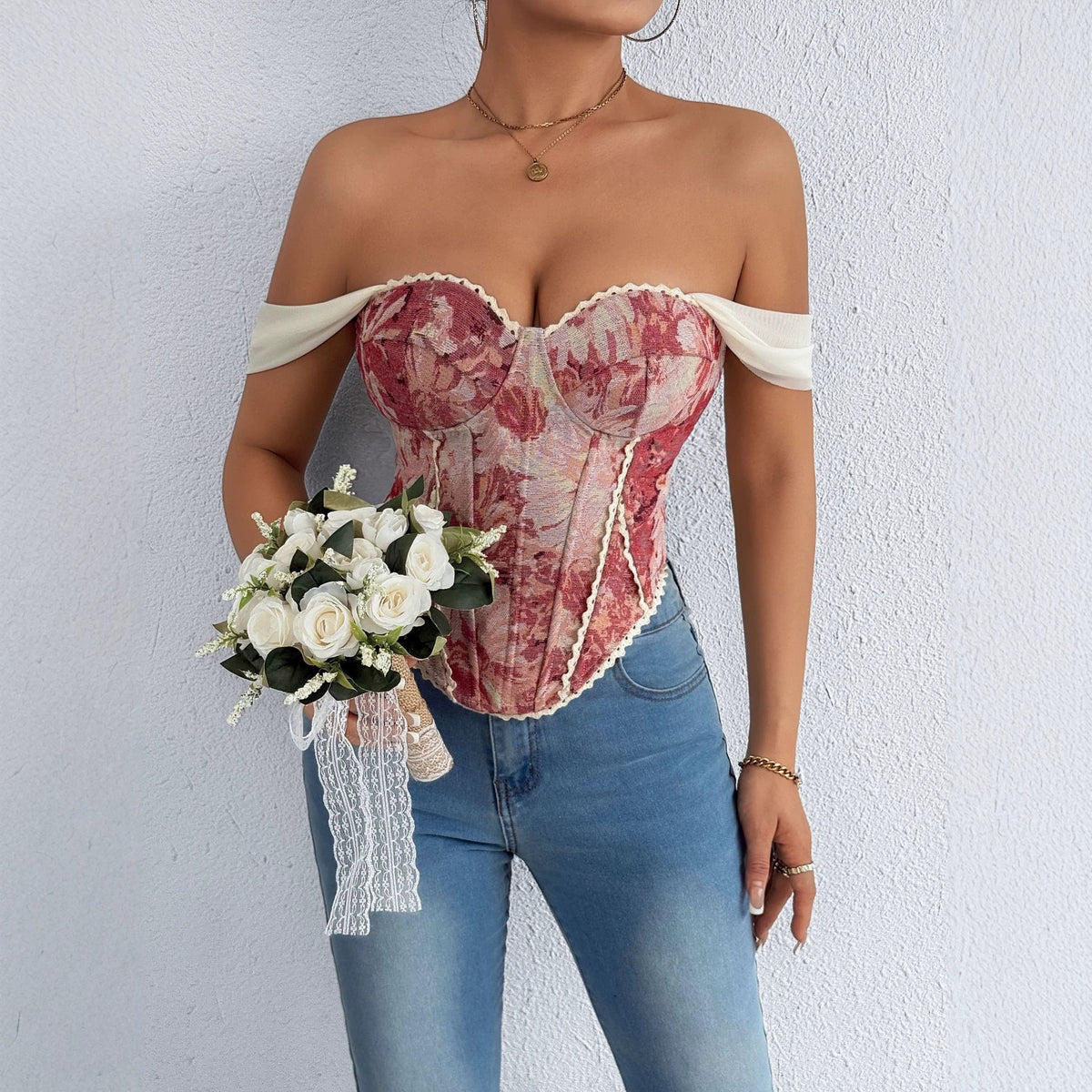 French Jacquard Oil Painting Sense Palace Style Chest Wrap Fishbone Vests