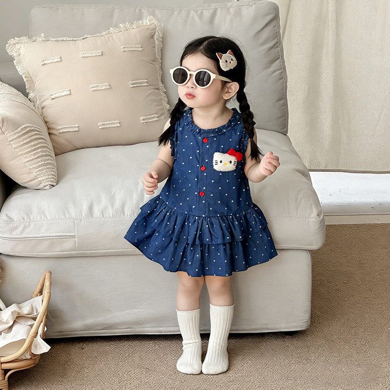 Children's Polka Dot Wooden Ear Skirt Cartoon Cat Princess Contrasting Red Children's Dress