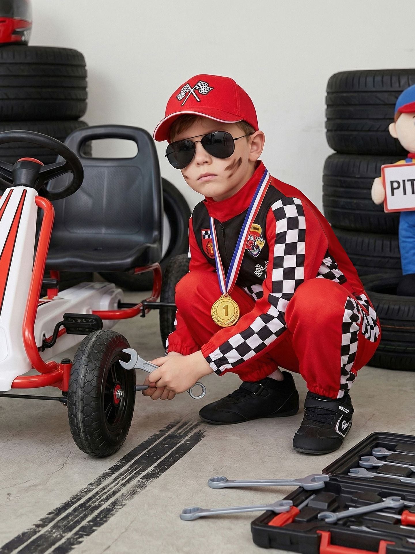 Children's Black One-piece Racing Plaid Track Style Halloween Party Children's Suit