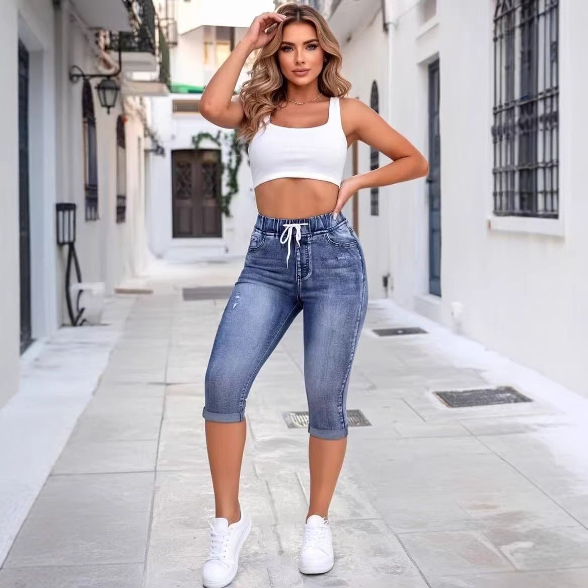 Women's Drawstring High Ripped Denim Hot Lazy Women's Jeans