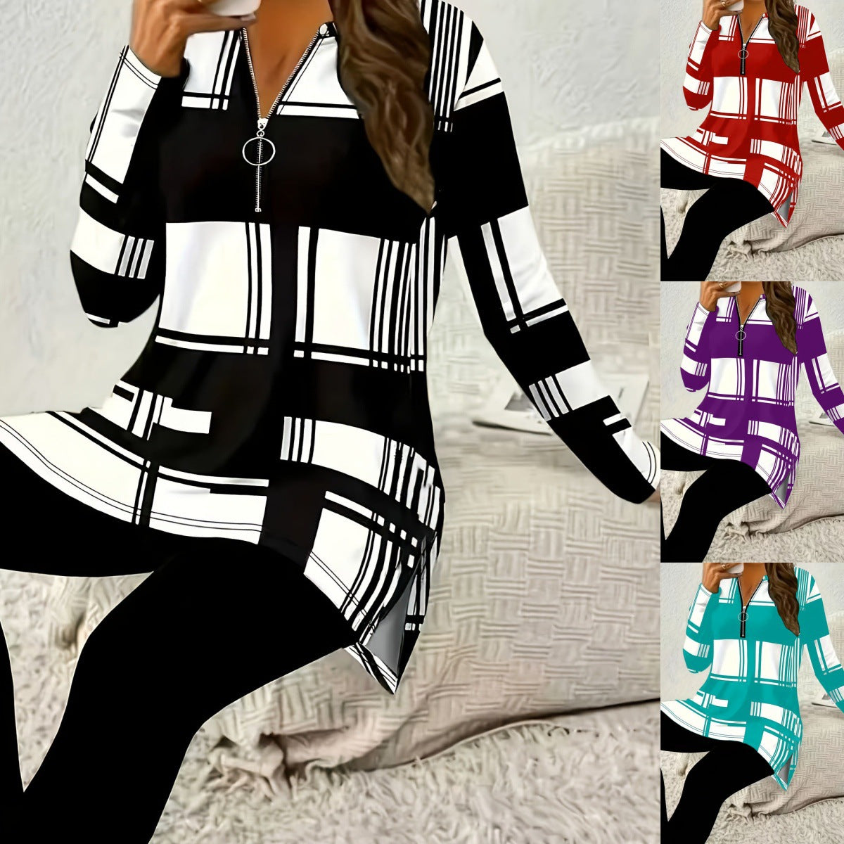 Women's Elegant Color Block Long Sleeve Zipper Shirt Digital Large Size T-shirt
