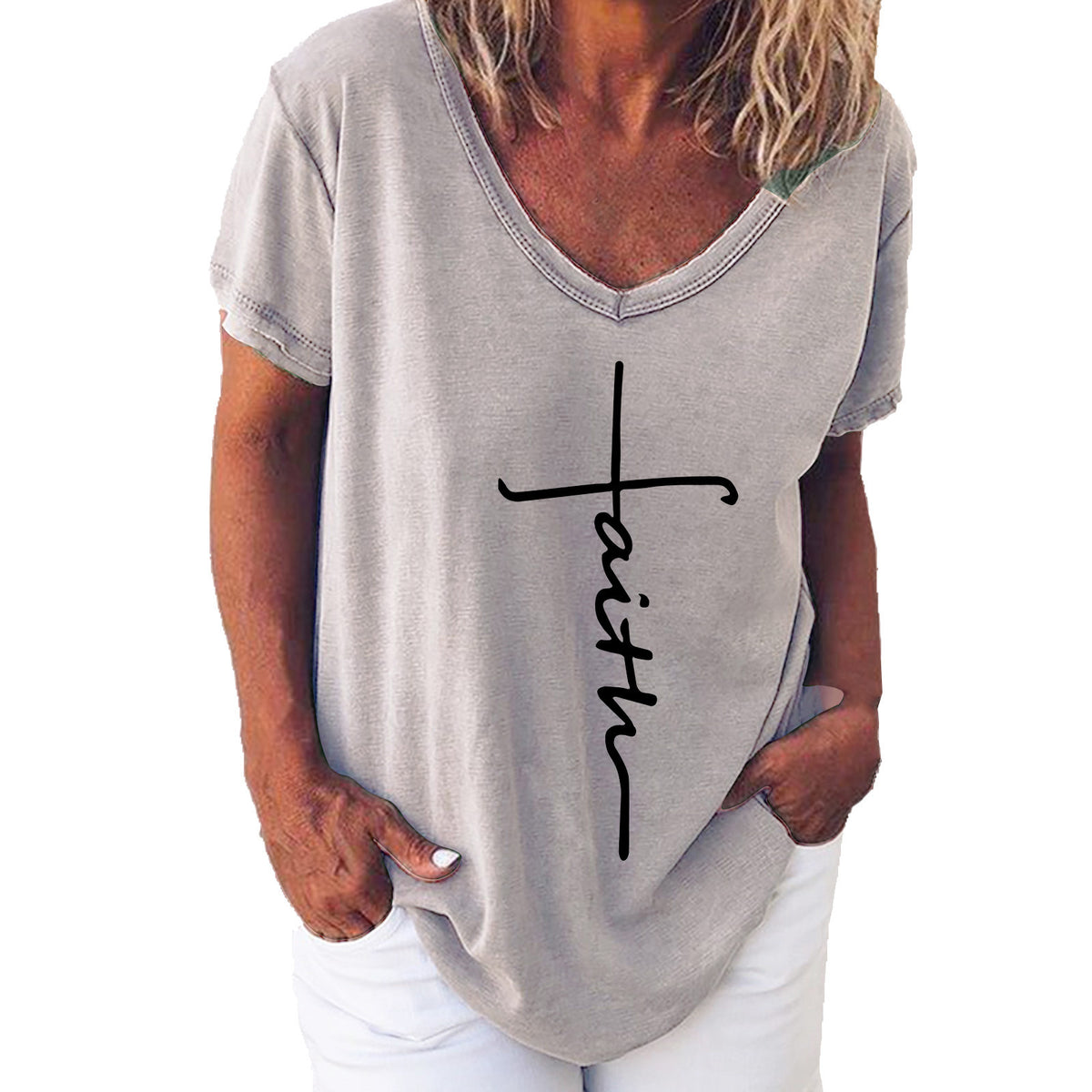 Women's Summer Casual Cross Printed Sleeve Women's T-shirt