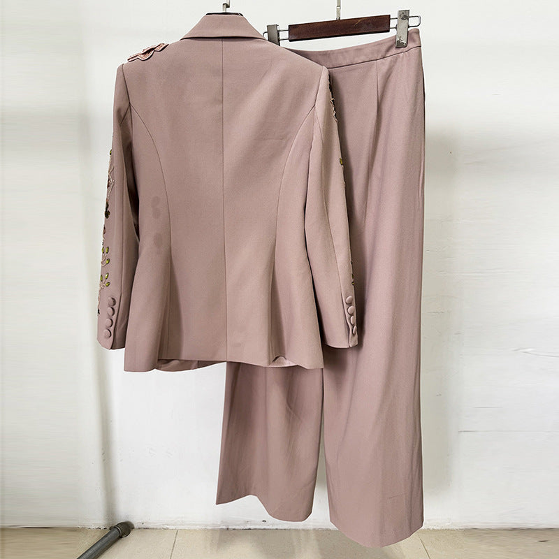 Versatile Bead Three-dimensional Flower Two-piece Set Fashion Casual Suit