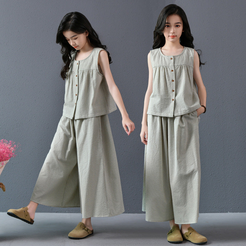 Pants Two-piece Fresh Artistic Culottes Striped Children's Suit