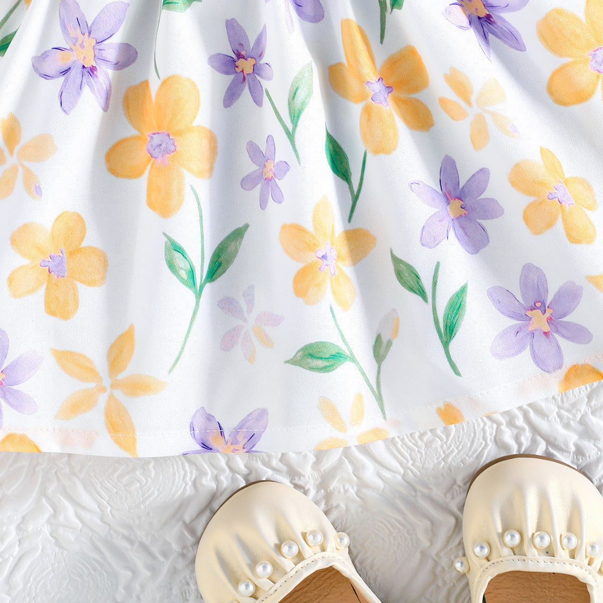 Puff Sleeve Sunken Stripe Top Floral Children's Dress