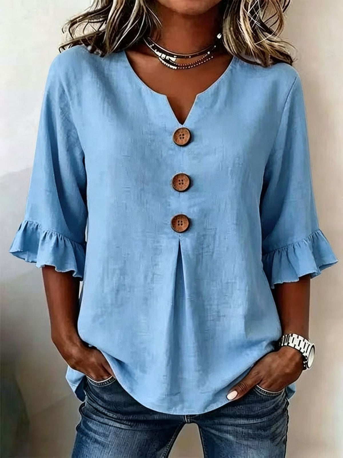 Women's Summer Buttons Ruffled Half Sleeves Loose Blouses