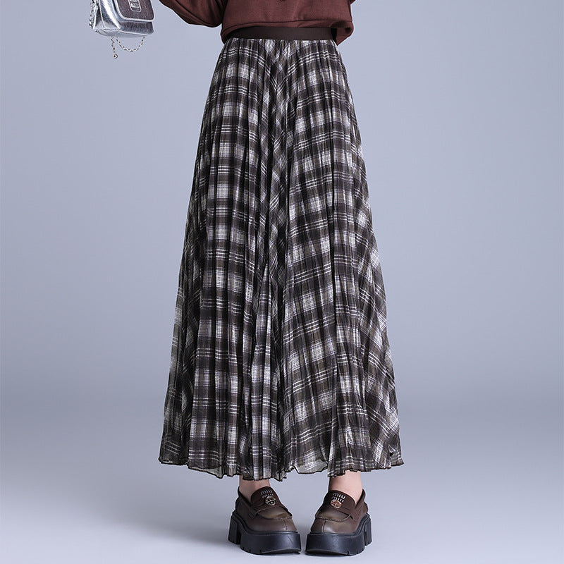 Korean Style Pleated Rhombus Encryption Yarn Elastic Waist High Skirts