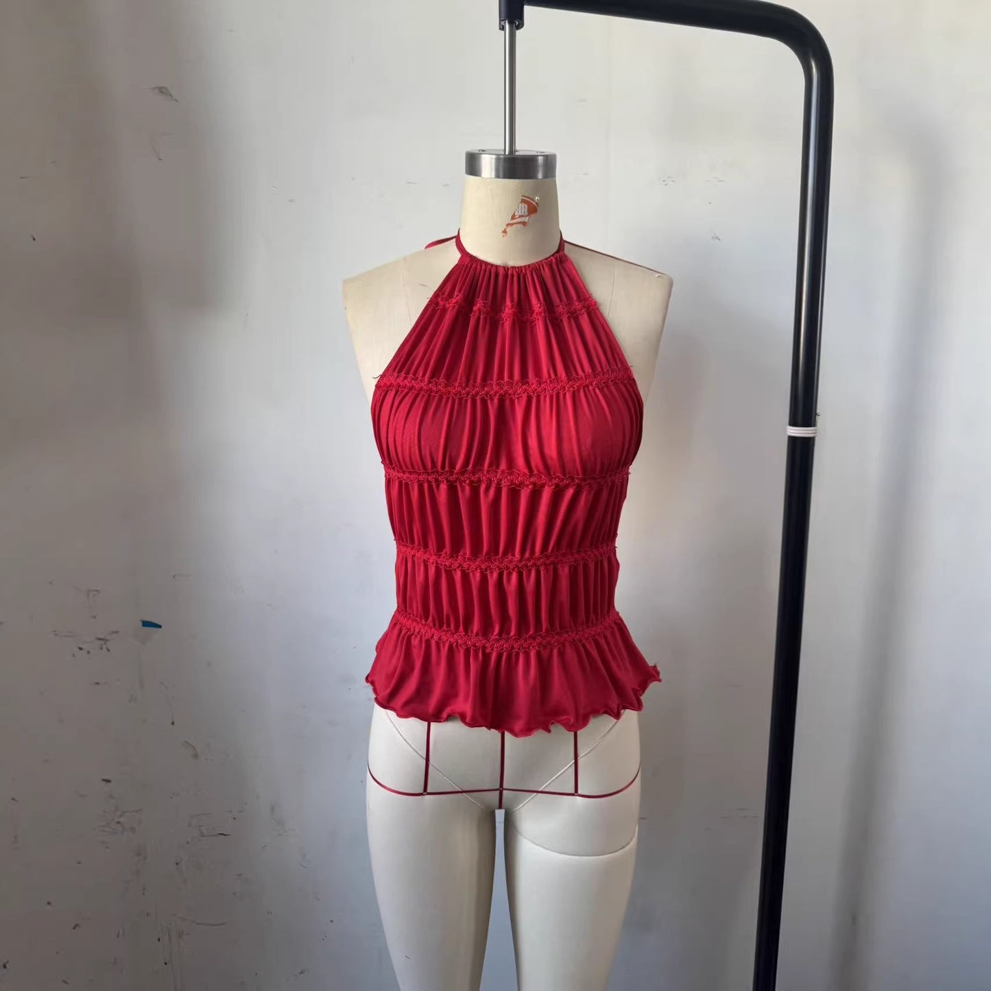 Women's Solid Color Pleated Halter Summer Design Back Backless Small Vest/suspenders/tube Top