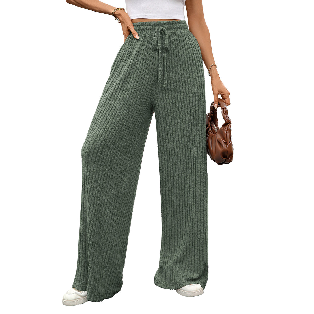 Solid Color Drawstring Sunken Stripe Brushed Elastic Casual Pants