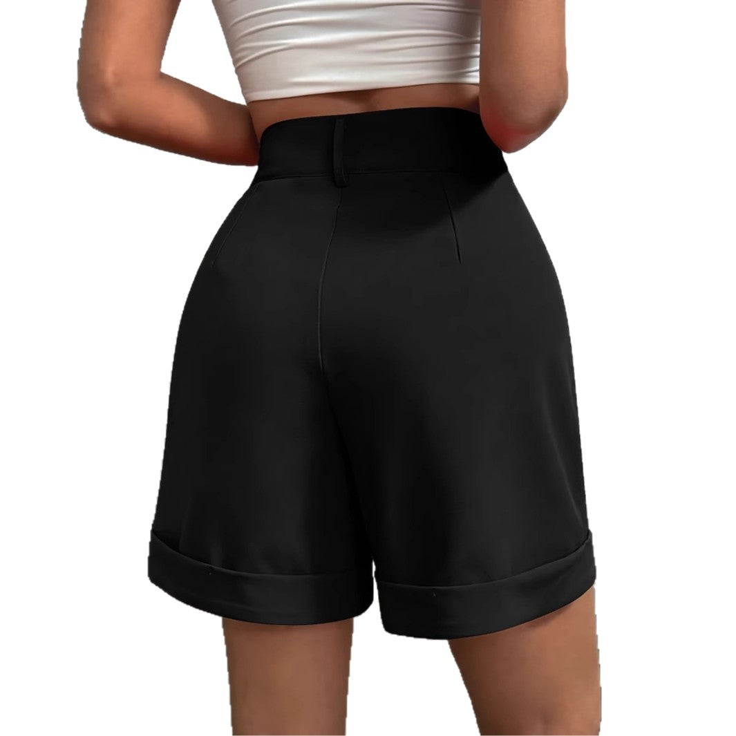 Elastic Waist Wide Leg Knee-length Summer Ladies Belt Pocket Casual Pants