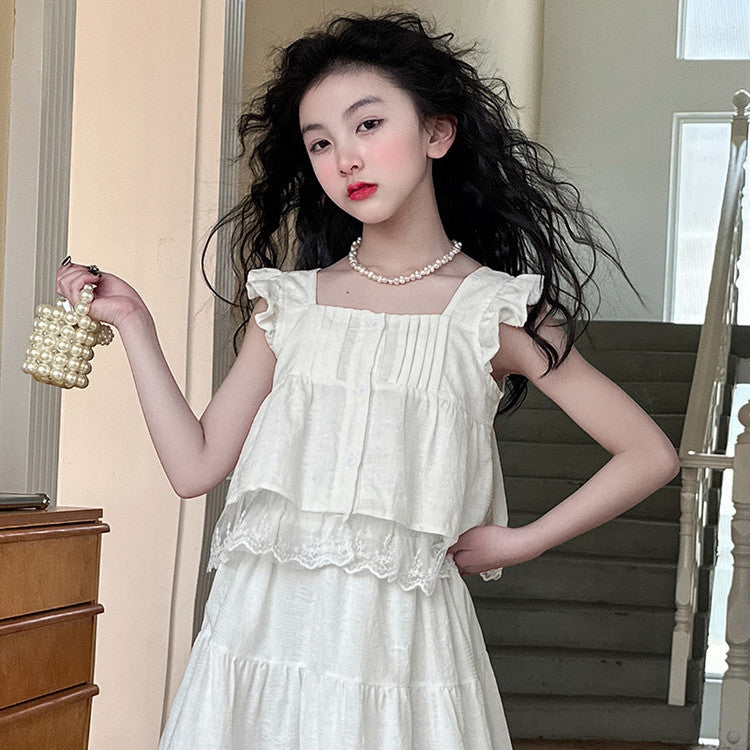 French Embroidery Summer Middle Big Flying Sleeve Top A- Line Children's Suit