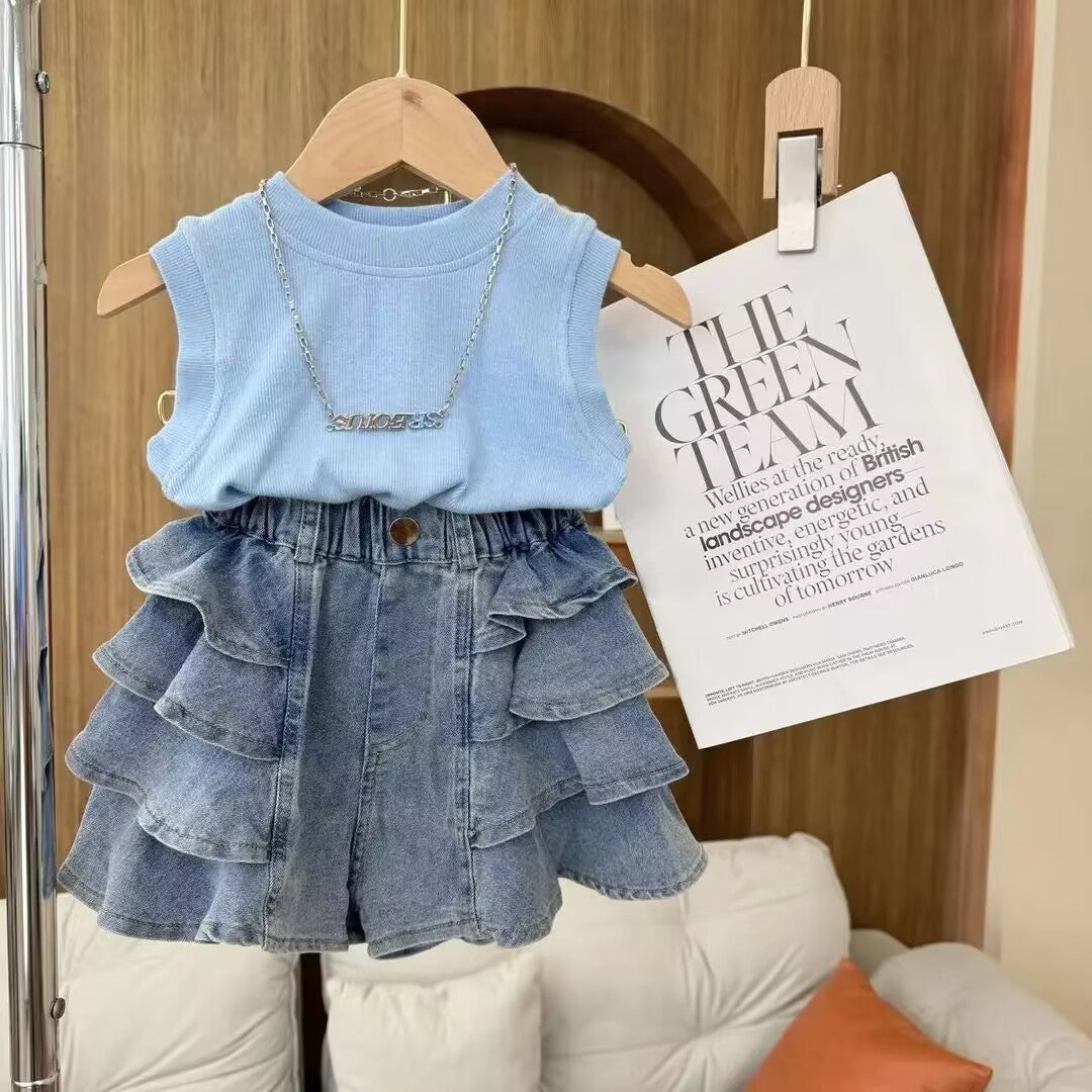 Summer Korean Style Sleeveless Vest Solid Color Fashionable Stylish Children's Suit
