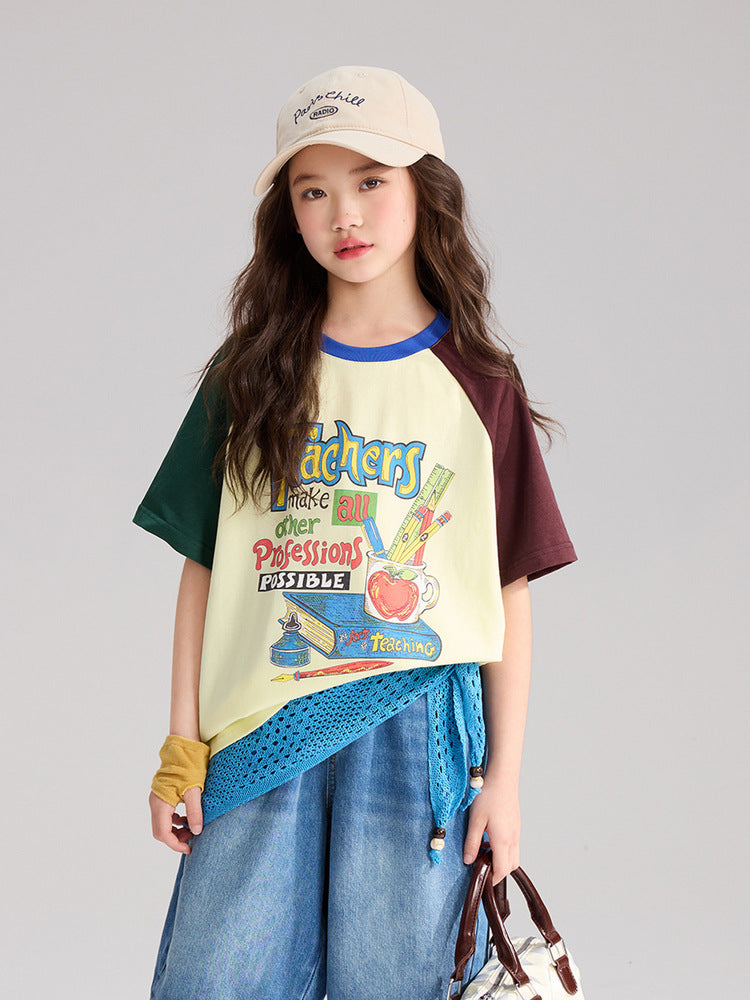 Children's Pudding Summer Raglan Sleeve Retro All Cotton Children's T-shirt