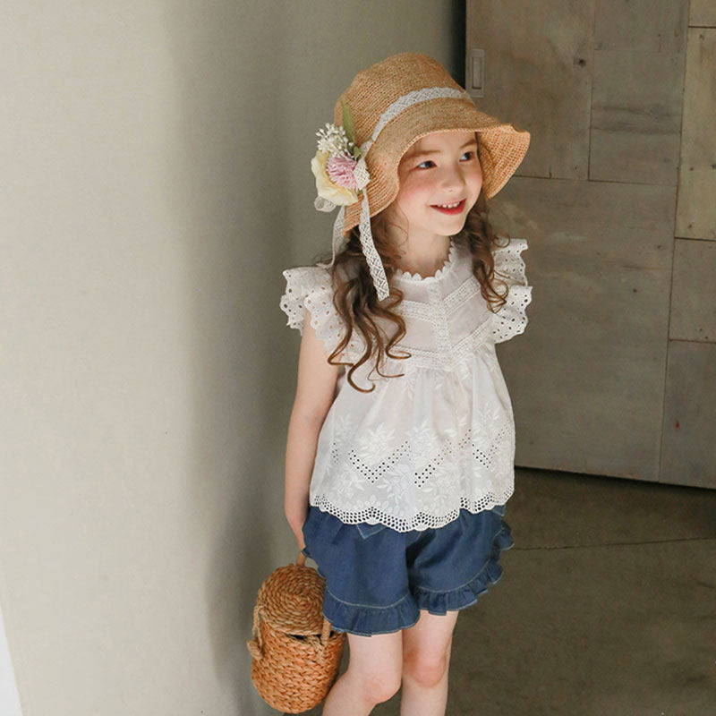 Children's Summer Strawberry Shan Clothing Hollow Edge Flounced Sleeve Children's T-shirt